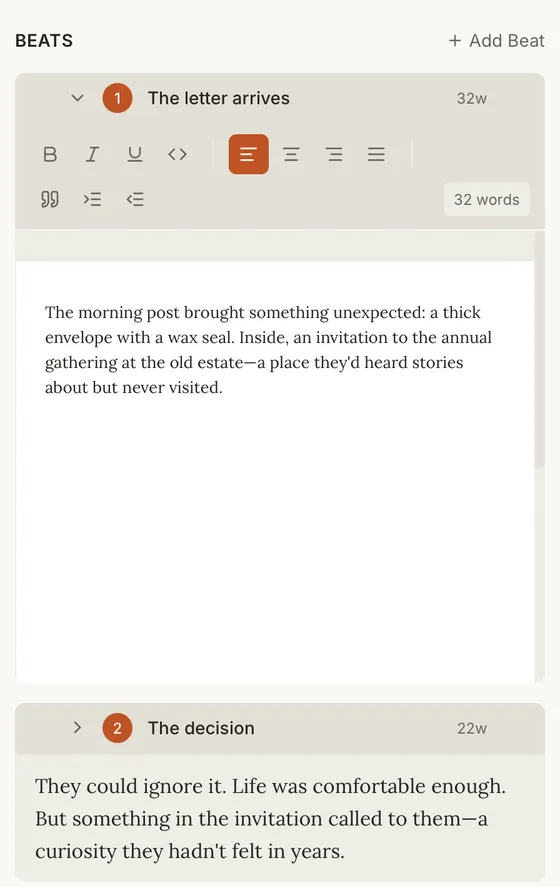 Kindling editor showing scene beats alongside prose