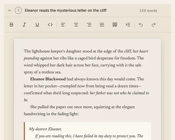 kindling editor showing scene beats alongside prose