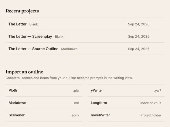 kindling's import options, including novelWriter, Plottr, yWriter, Markdown, Longform and Scrivener