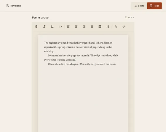 A scene in kindling's full-page prose editor, with the Page view active