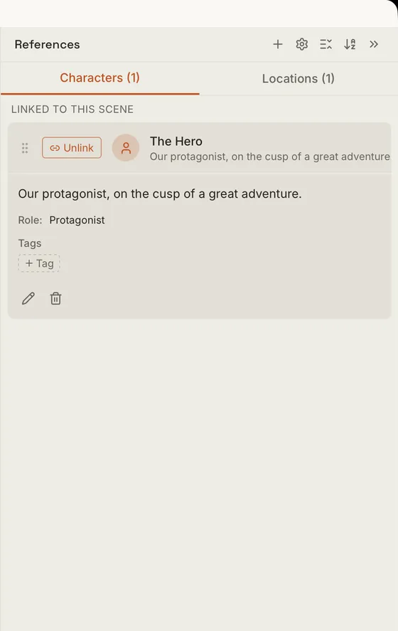 Kindling references panel showing character details