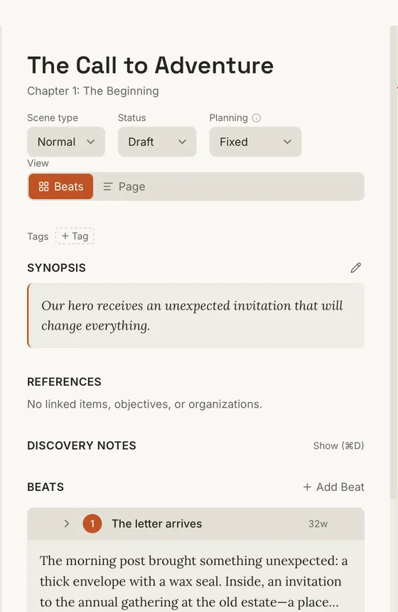 Kindling editor showing scene beats alongside prose