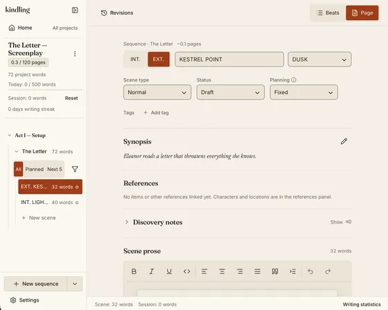A screenplay project with an INT./EXT. slugline, act sequences and a running page estimate