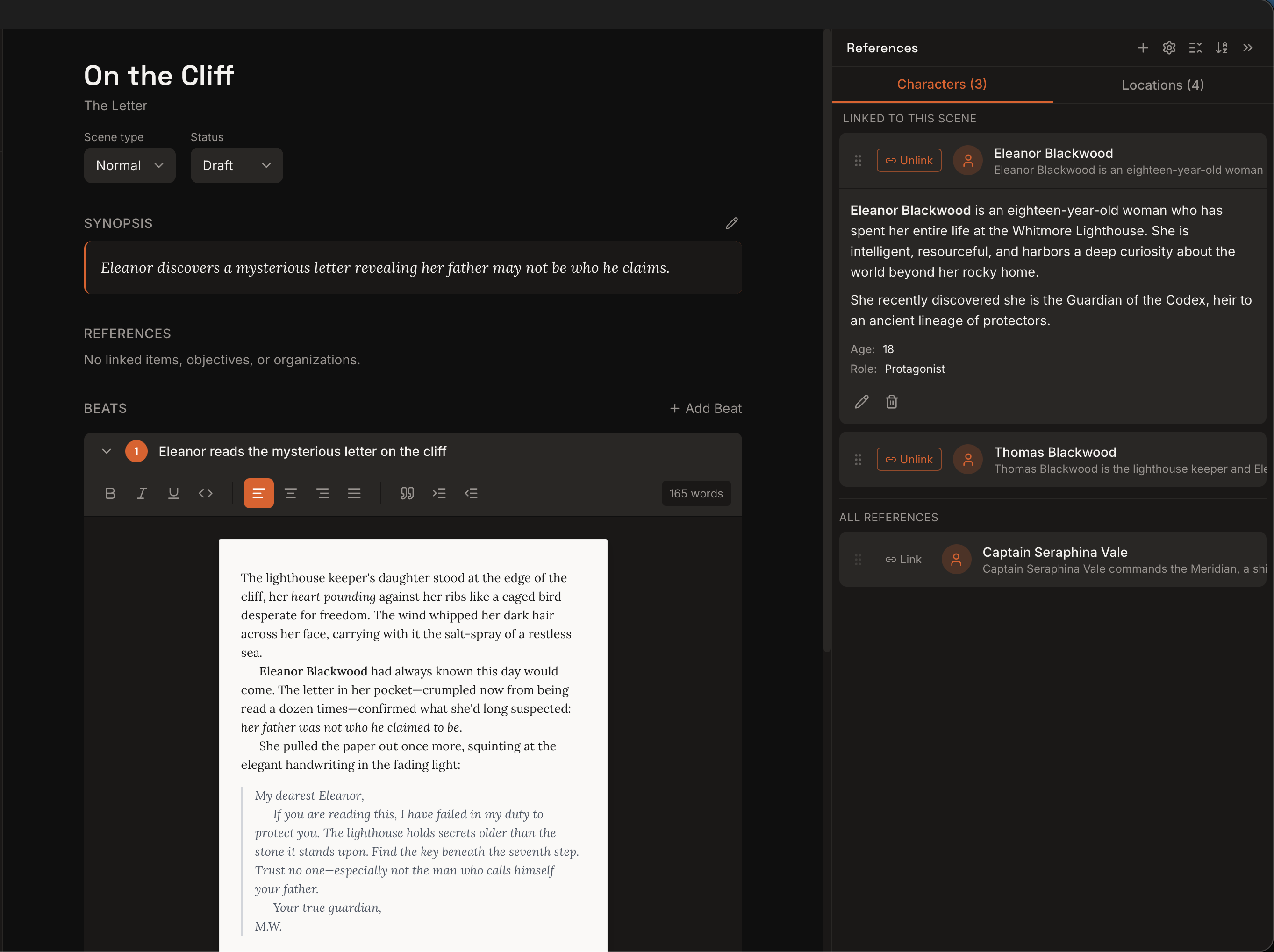 Reference panel showing a character card alongside the writing area