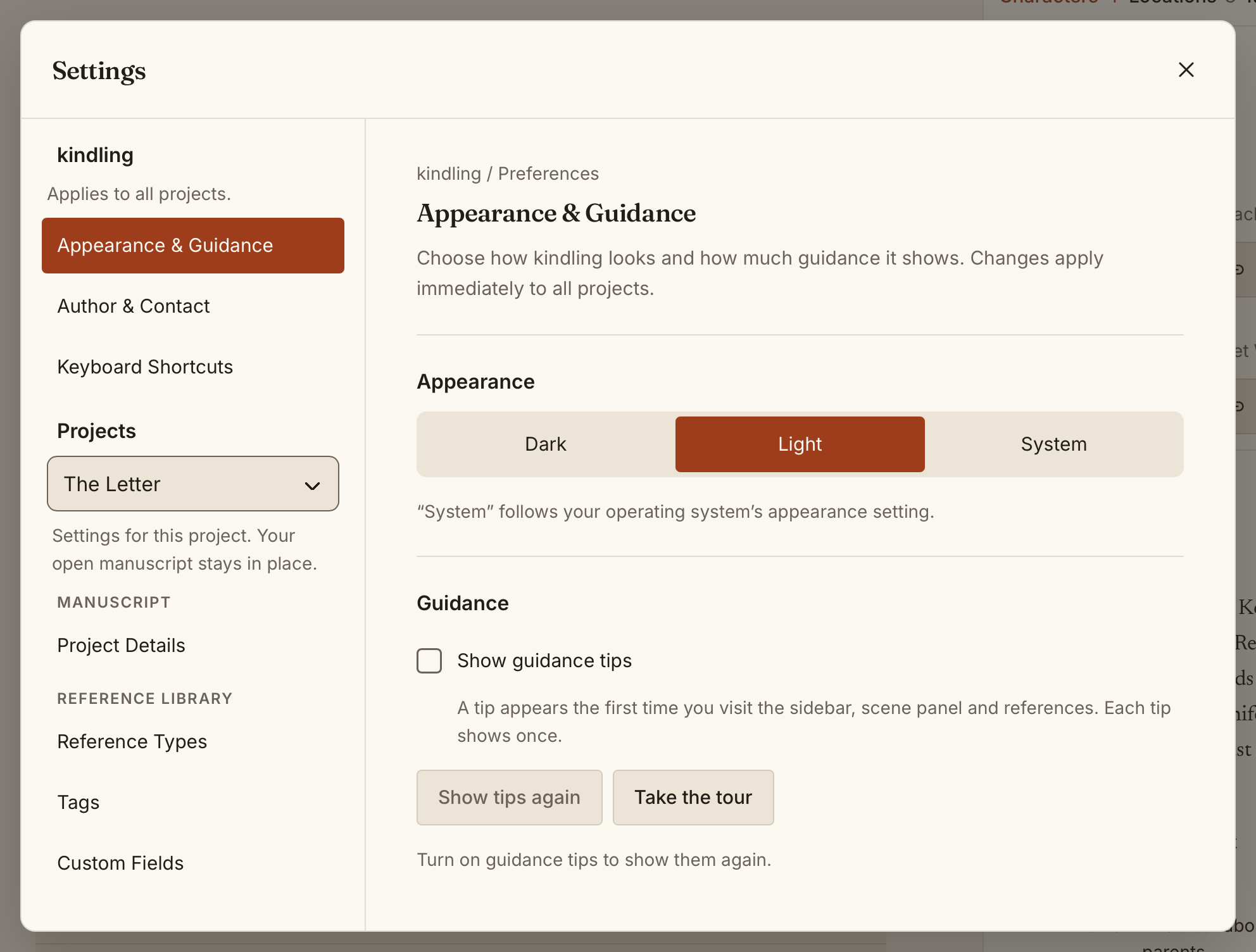The unified Settings window with Appearance & Guidance selected