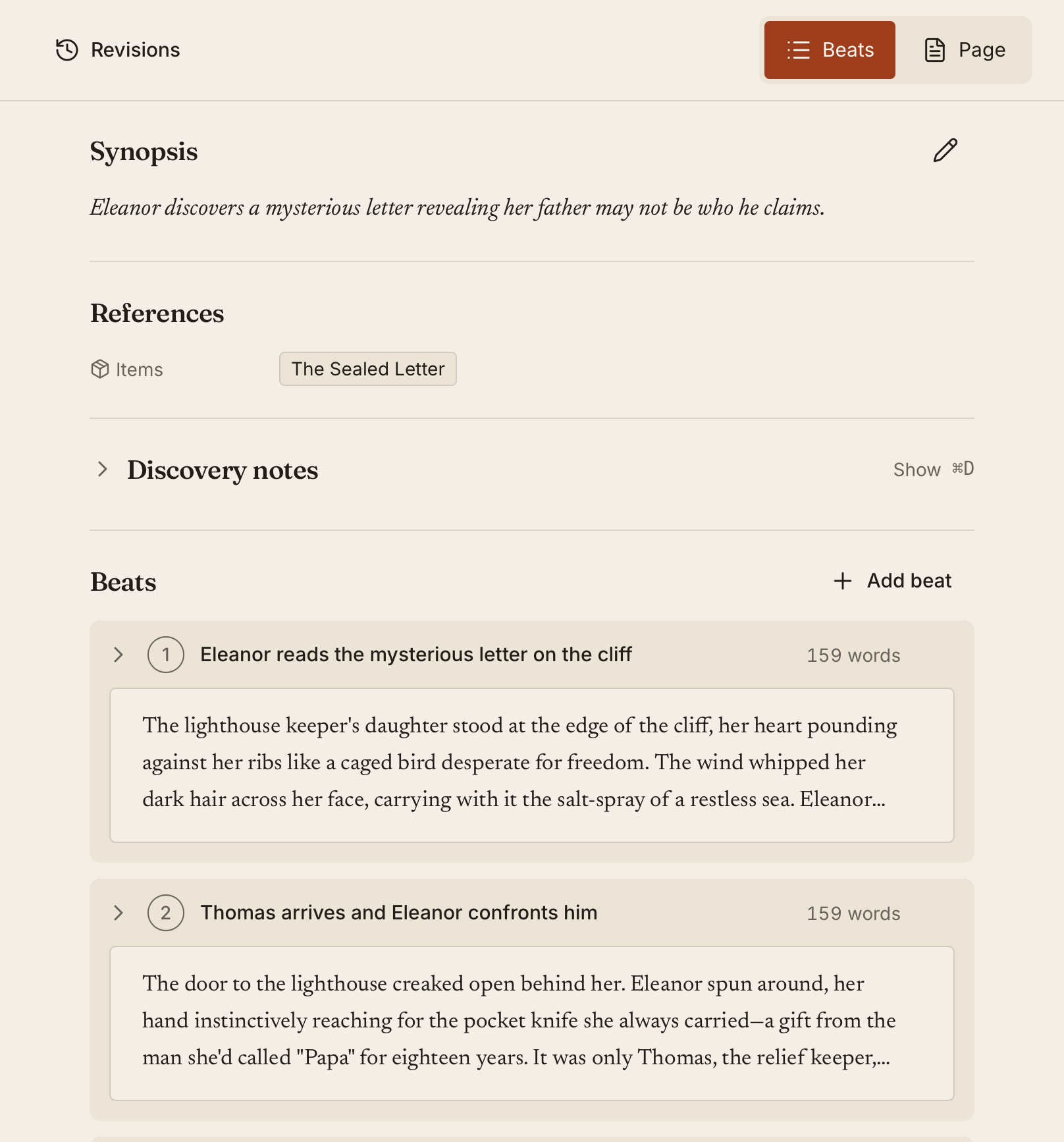 The scene panel — view toggle, synopsis, linked references, discovery notes and the beat list in one column