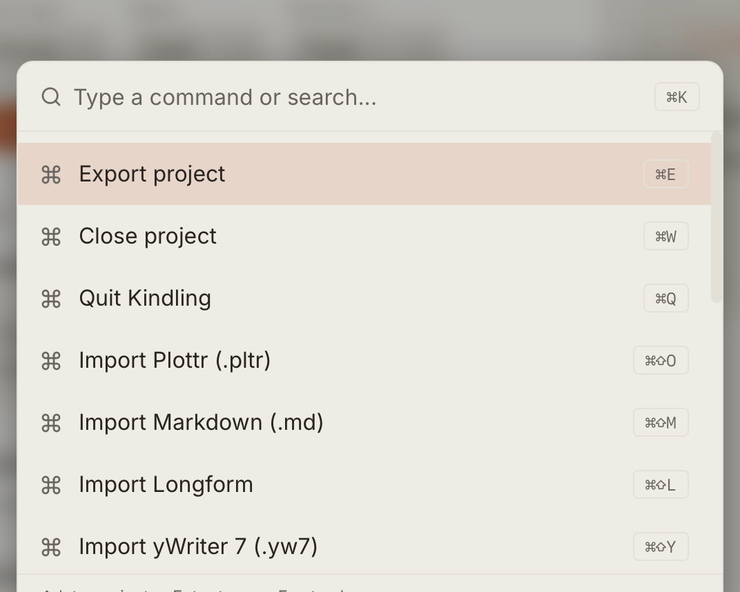 Command palette showing fuzzy search results for common actions