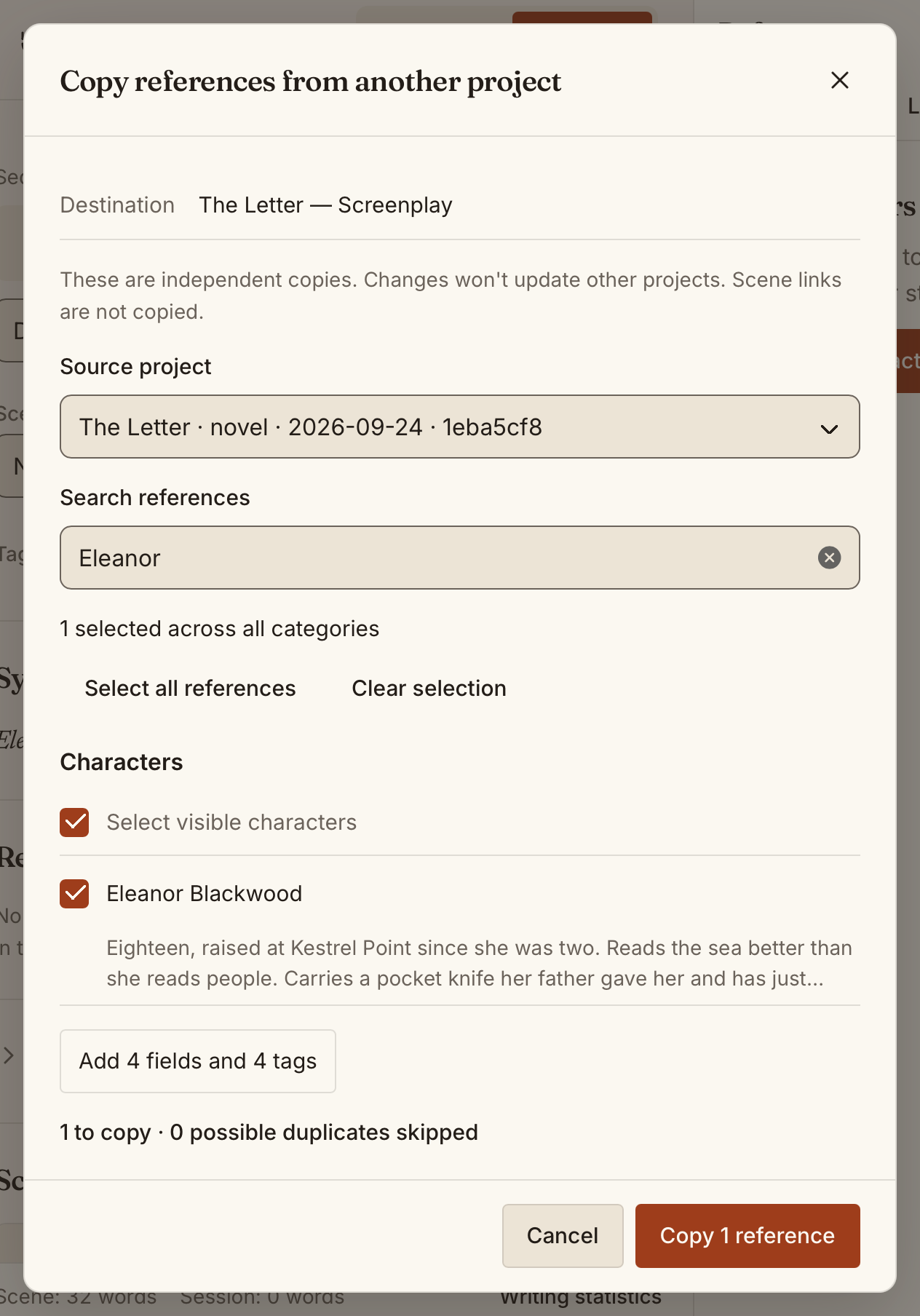 The reference-copy preview filtered to Eleanor Blackwood, with one character selected and the fields and tags to include