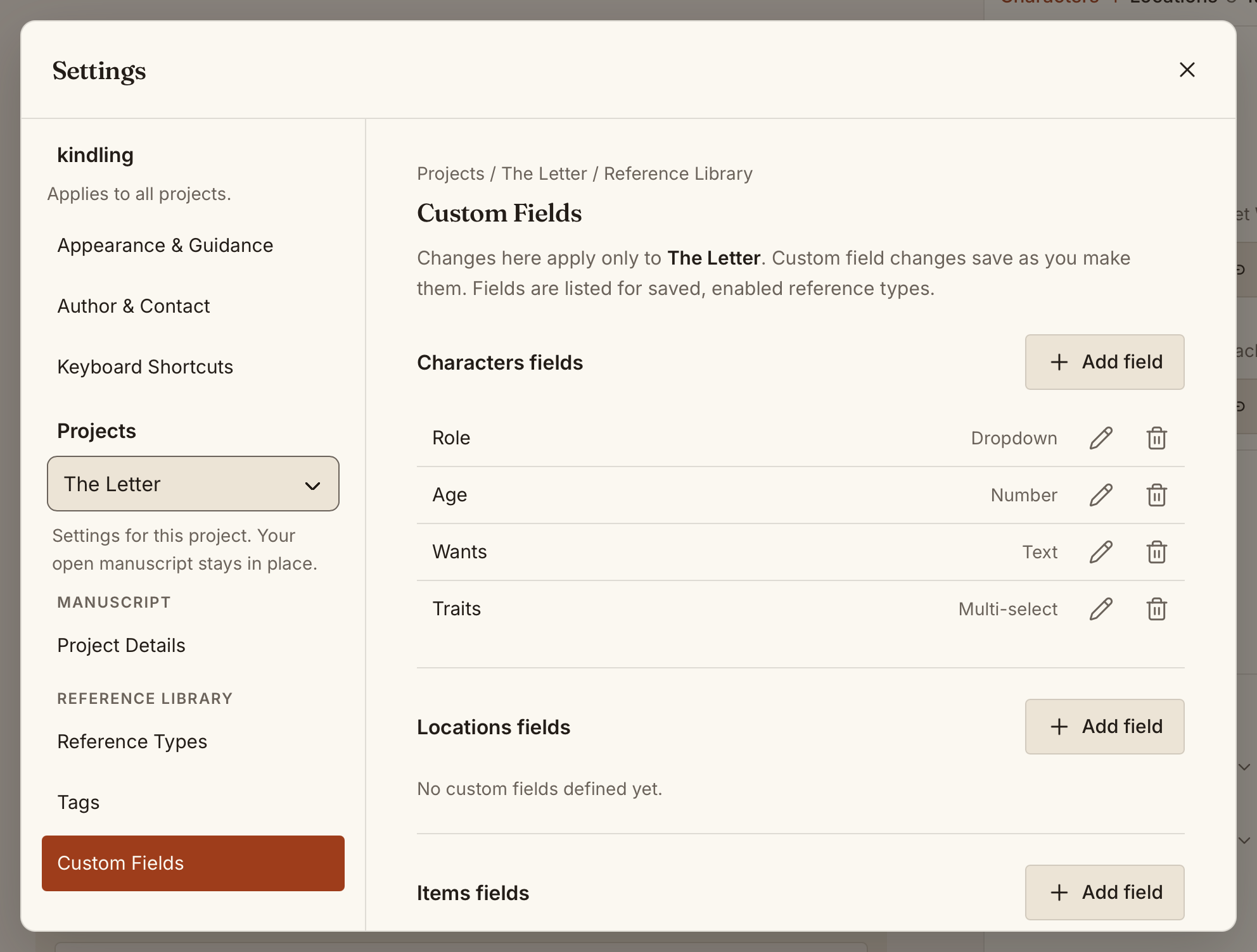 Typed custom field definitions for characters — Role as a select, Age as a number, Wants as text and Traits as multi-select