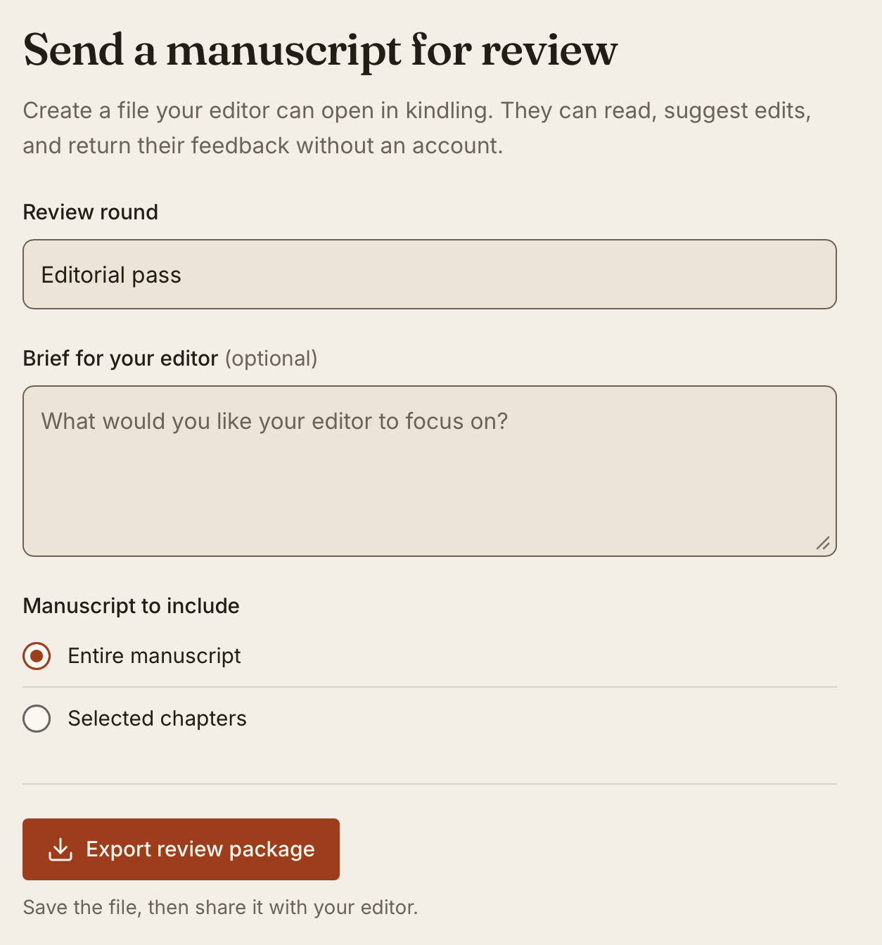 Review package setup with a round name, editor brief, manuscript scope, and export button
