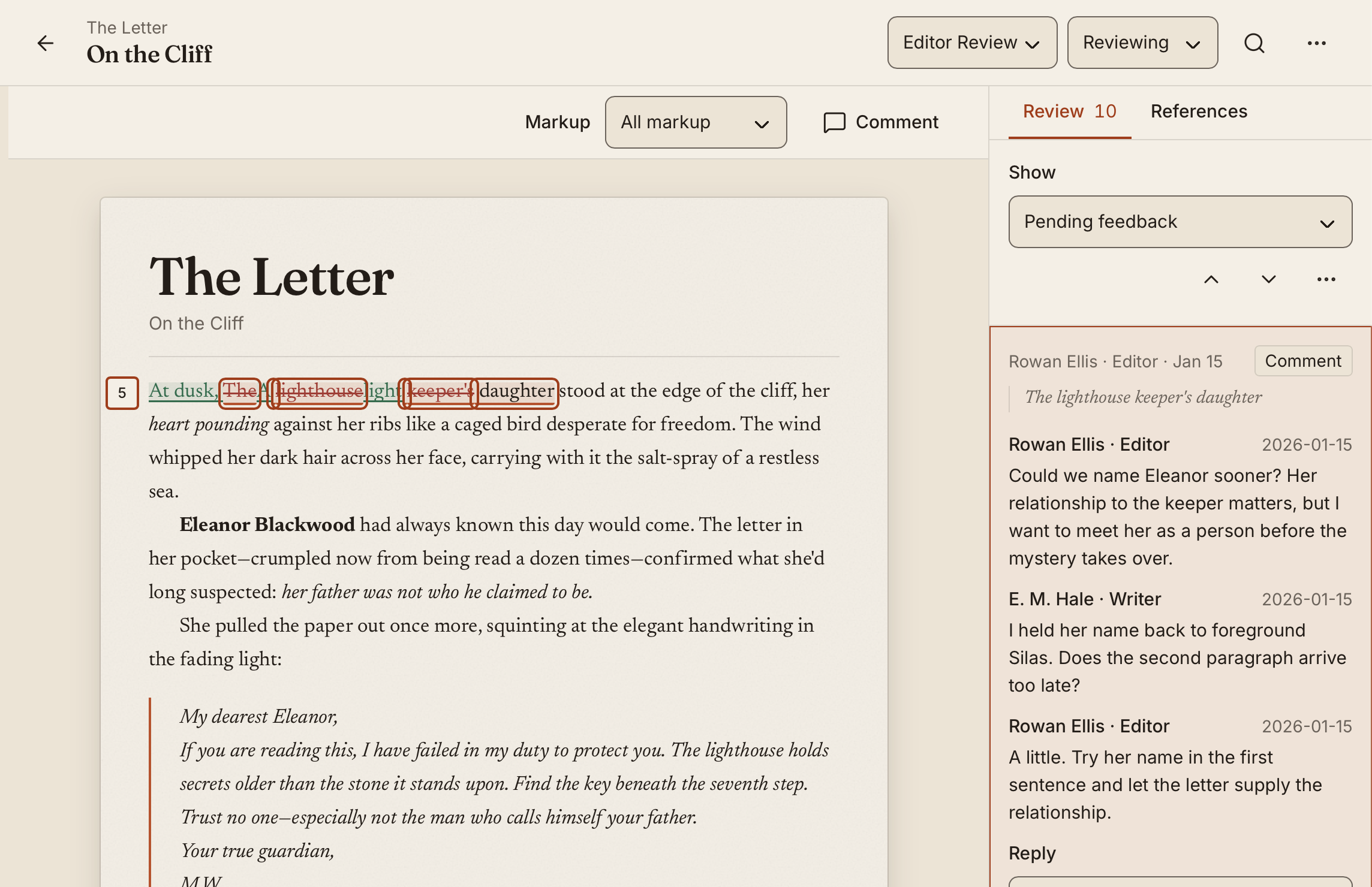 The review workspace with manuscript markup beside a feedback thread