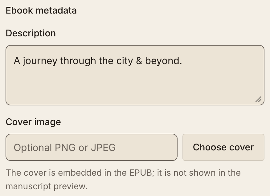 Ebook metadata settings with a description and an optional PNG or JPEG cover image field