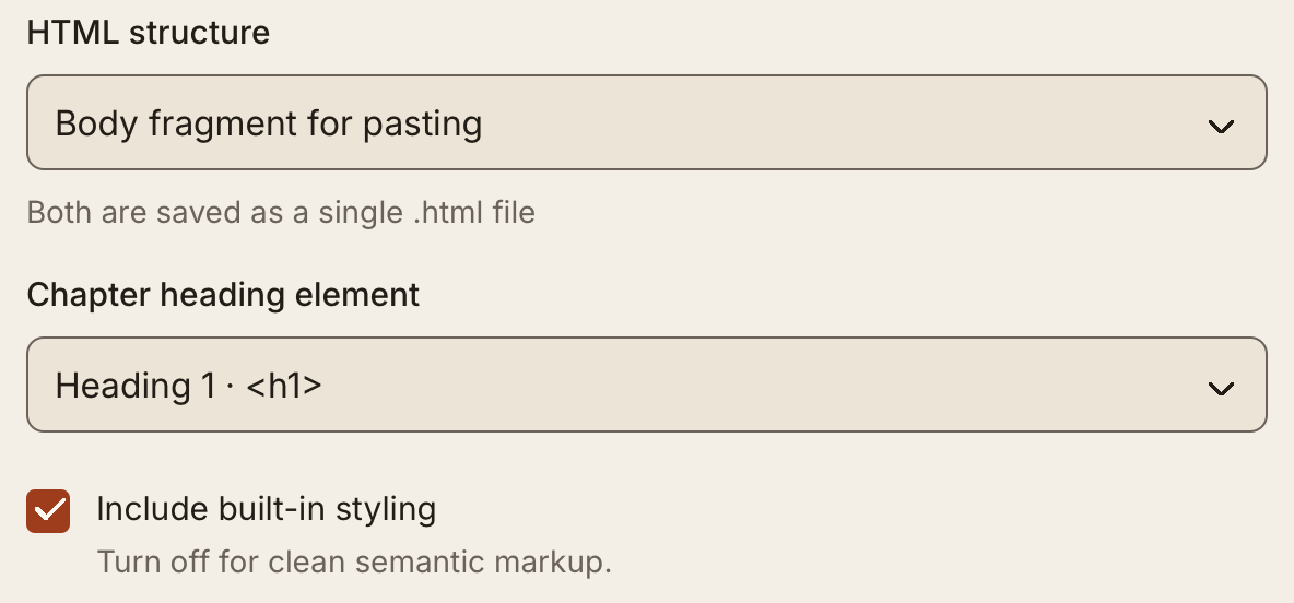 HTML options with Body fragment for pasting, Heading 1, and built-in styling enabled