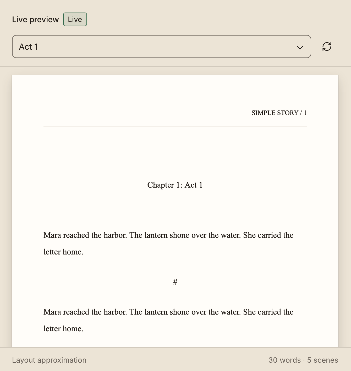Live Word preview with a chapter selector, refresh button, running header, chapter title, and scene separator