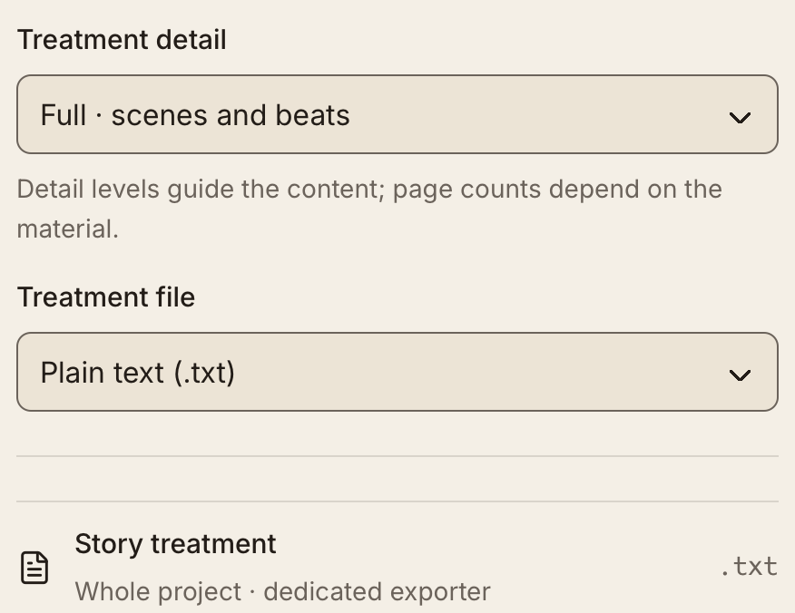 Custom treatment settings with Full scenes and beats, Plain text (.txt), and whole-project scope