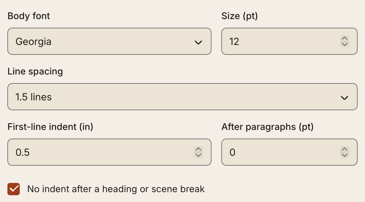 Text and page controls for font, size, line spacing, paragraph indentation, and spacing after paragraphs