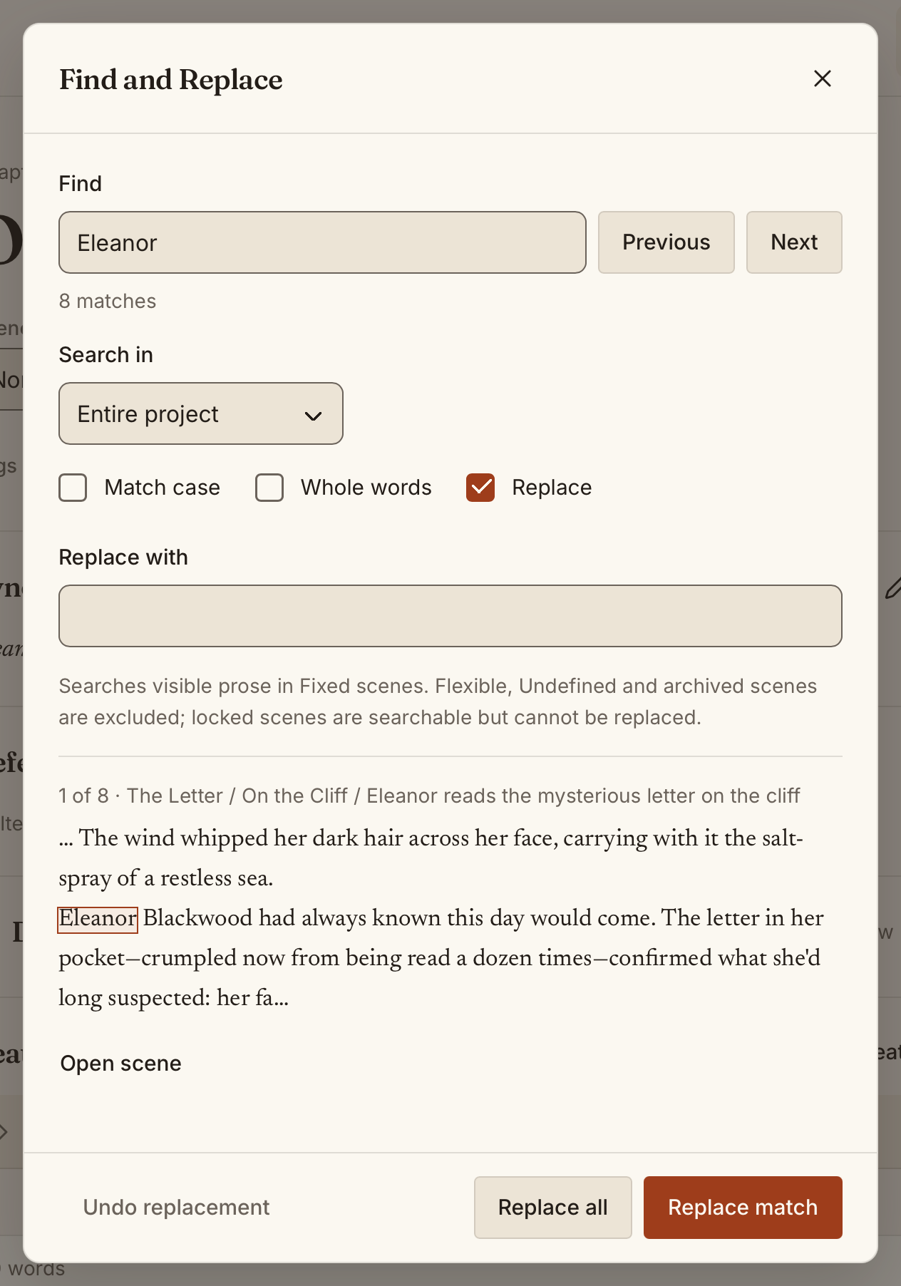 Find and Replace searching the whole project, showing a match in context with its chapter and scene