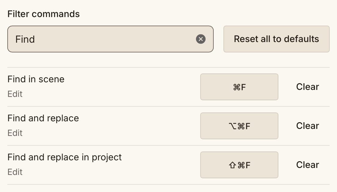 Keyboard Shortcuts filtered to Find commands, with their bindings, Clear, and Reset all to defaults