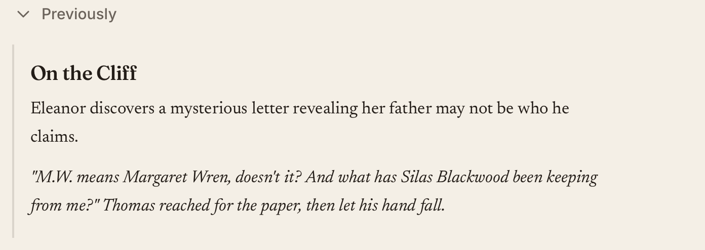 Previously showing the preceding scene’s title, synopsis, and closing prose