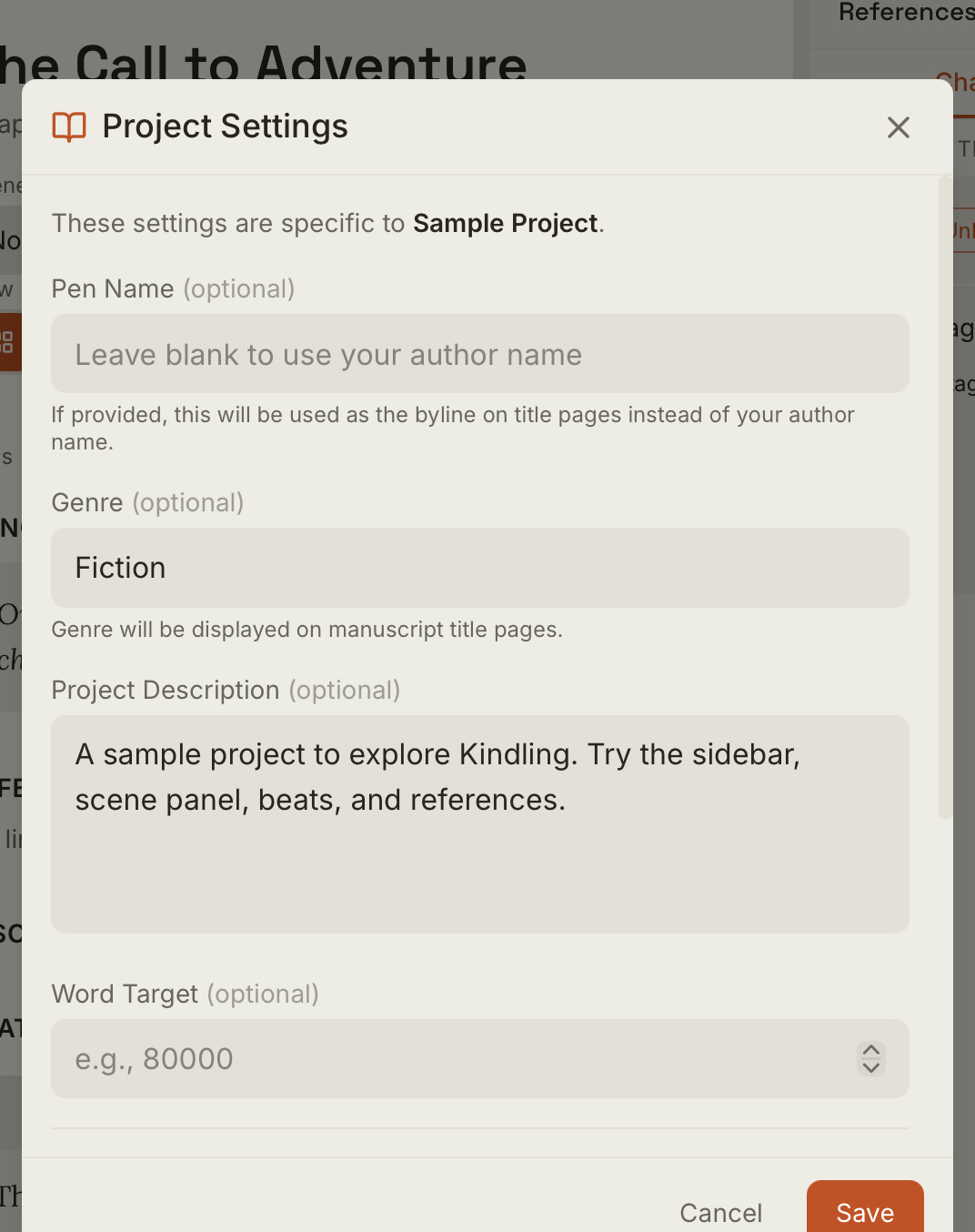 Project Settings dialog showing pen name, genre, description, and word target fields