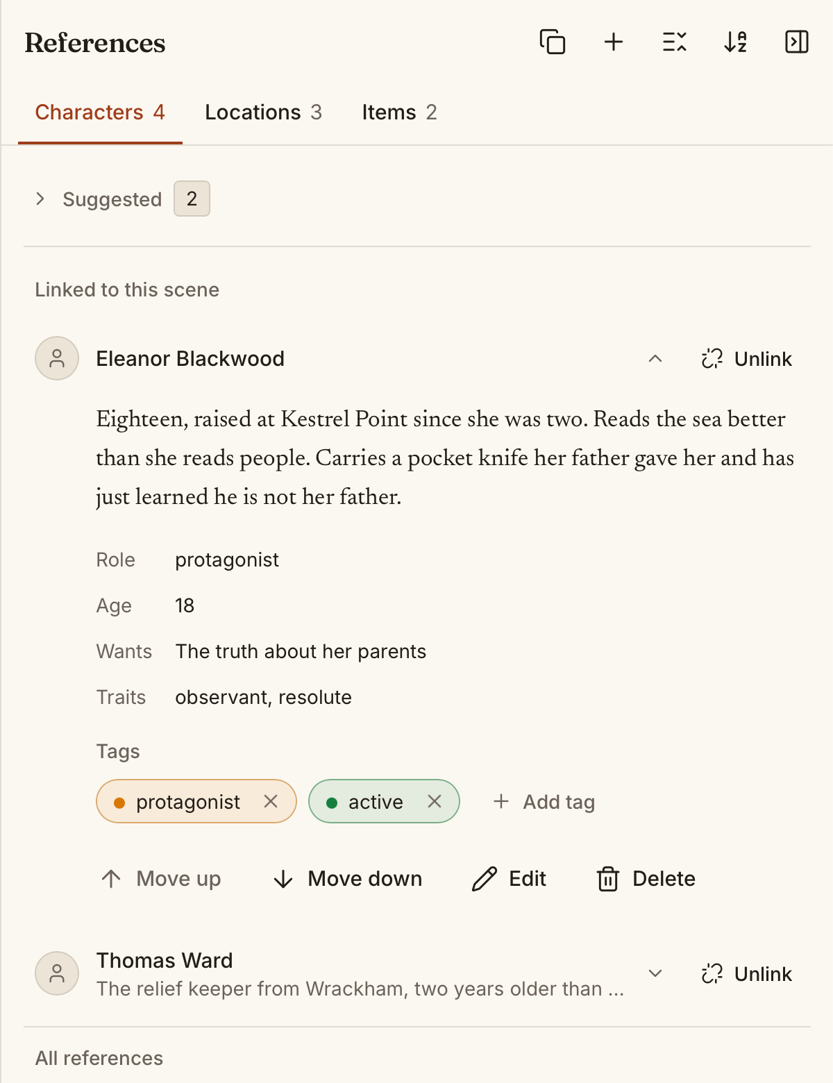The References panel beside the editor, with a character expanded to show its description, typed fields and tags