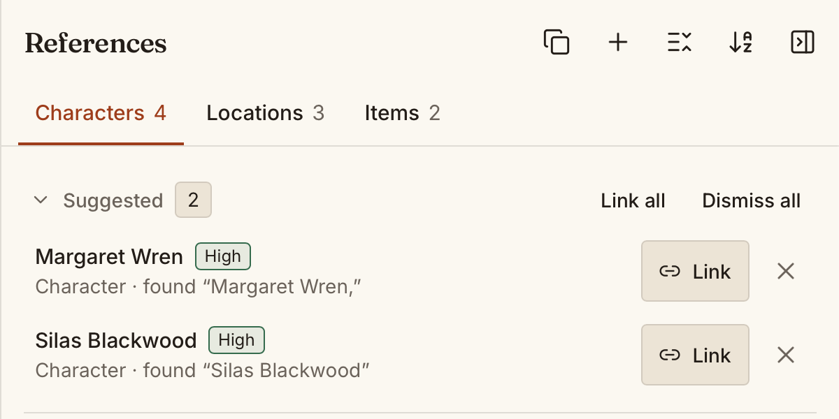 Detected references surfacing in the panel with a confidence level and the matched text, ready to link in one click