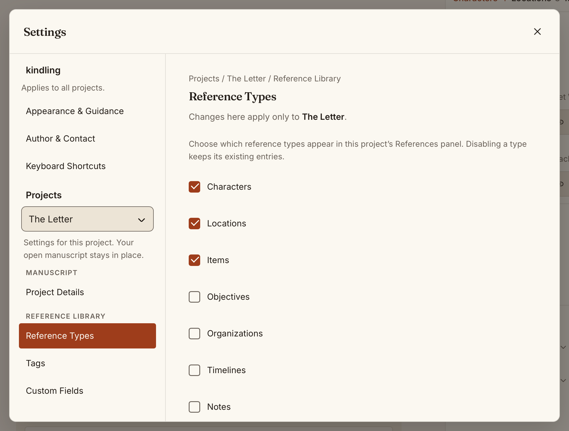 Reference Types in Settings, with a checkbox for each category