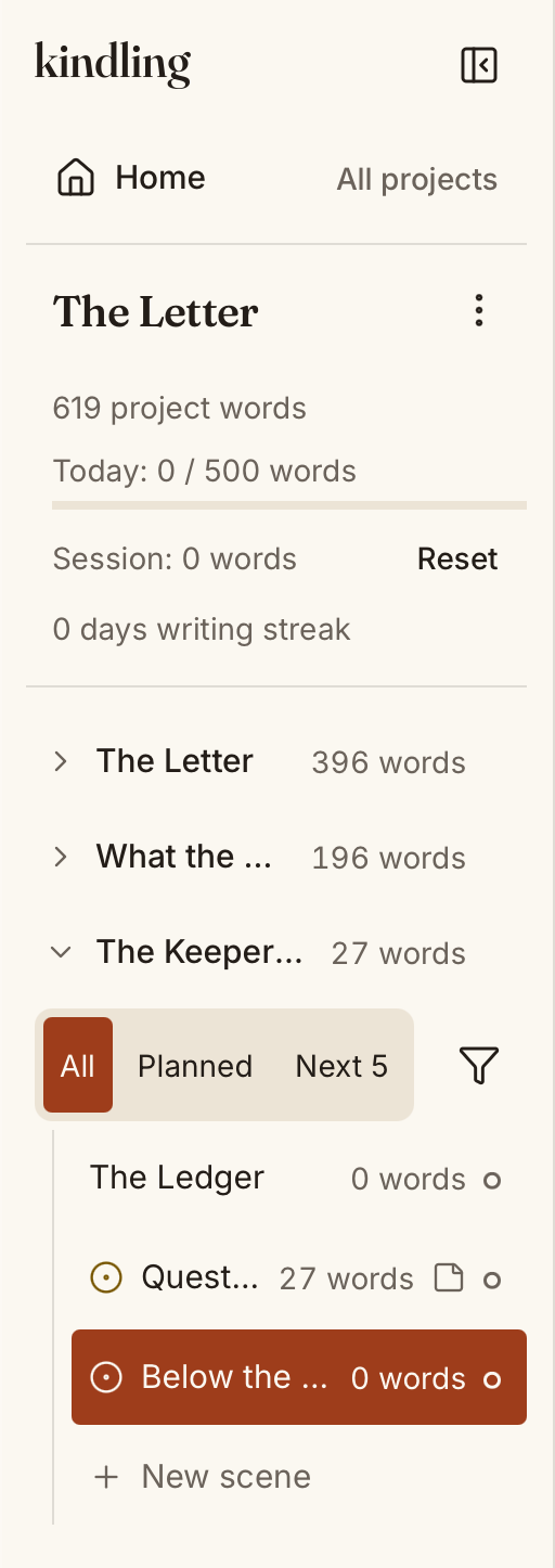 The chapter tree in the sidebar, where scene marks show planning status and scene type at a glance
