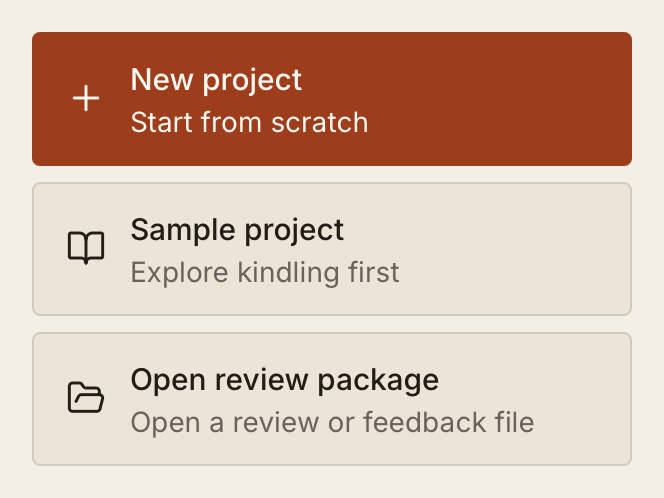 Start-screen actions: New Project, Sample Project, and Open Review Package