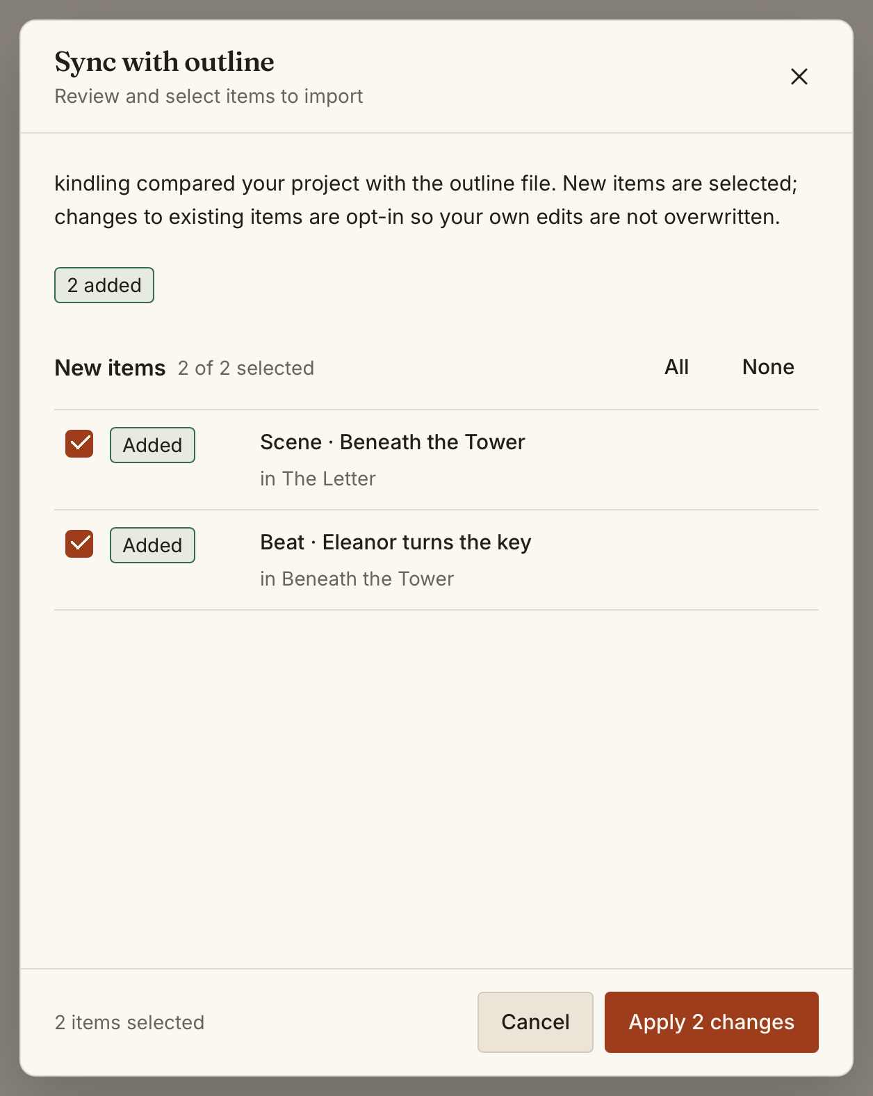 The Sync with outline dialog listing new items from the source, with per-item checkboxes before applying