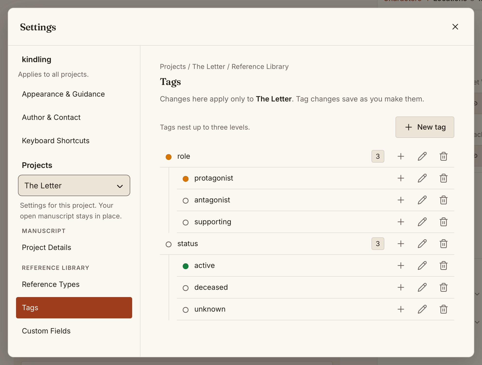 Tags in Settings, with nested project tags