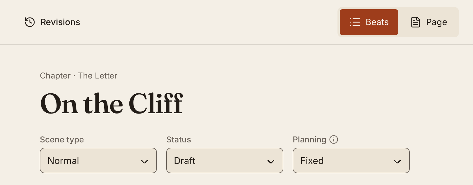 The scene toolbar's Beats and Page view toggle above the scene type, status and planning selectors